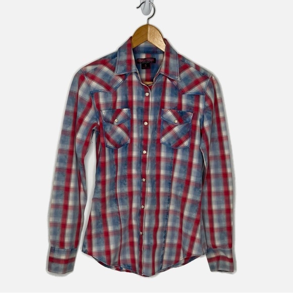 Rock & Roll Cowgirl Western Size S Blue And Red Plaid Pearlized Snap Buttons - Picture 1 of 11